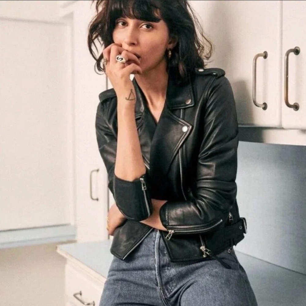 Women's Sézane Zig Black Leather Jacket—never worn!
